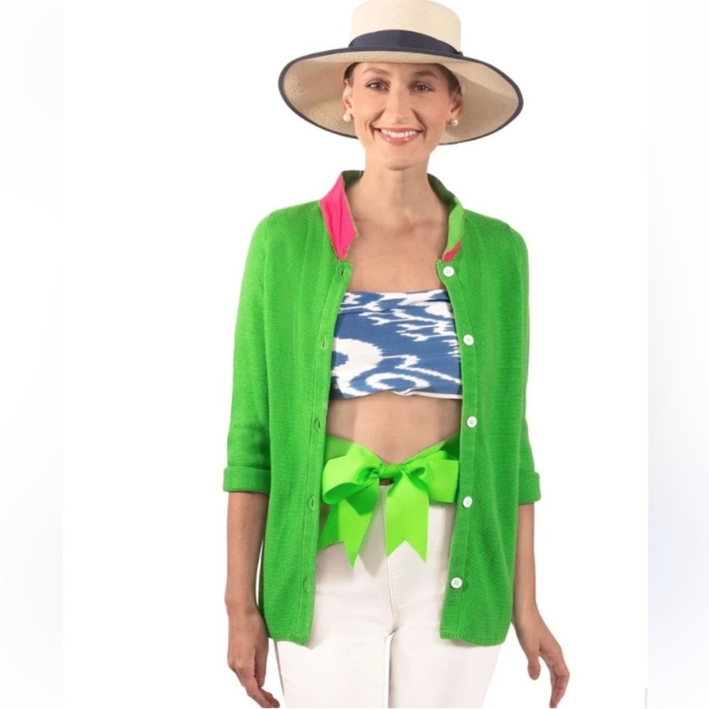 Gretchen Scott Designs Green Cardigan with Pink Accents - Picture 9 of 11